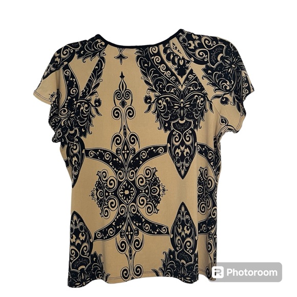 Designers Originals size Petite PM women’s short sleeve tan top w/black design - Picture 2 of 7